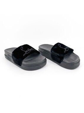 Christian Louboutin 'Navy Pool' Slide Sandals Size 37 US 7 Black Velvet Logo 31